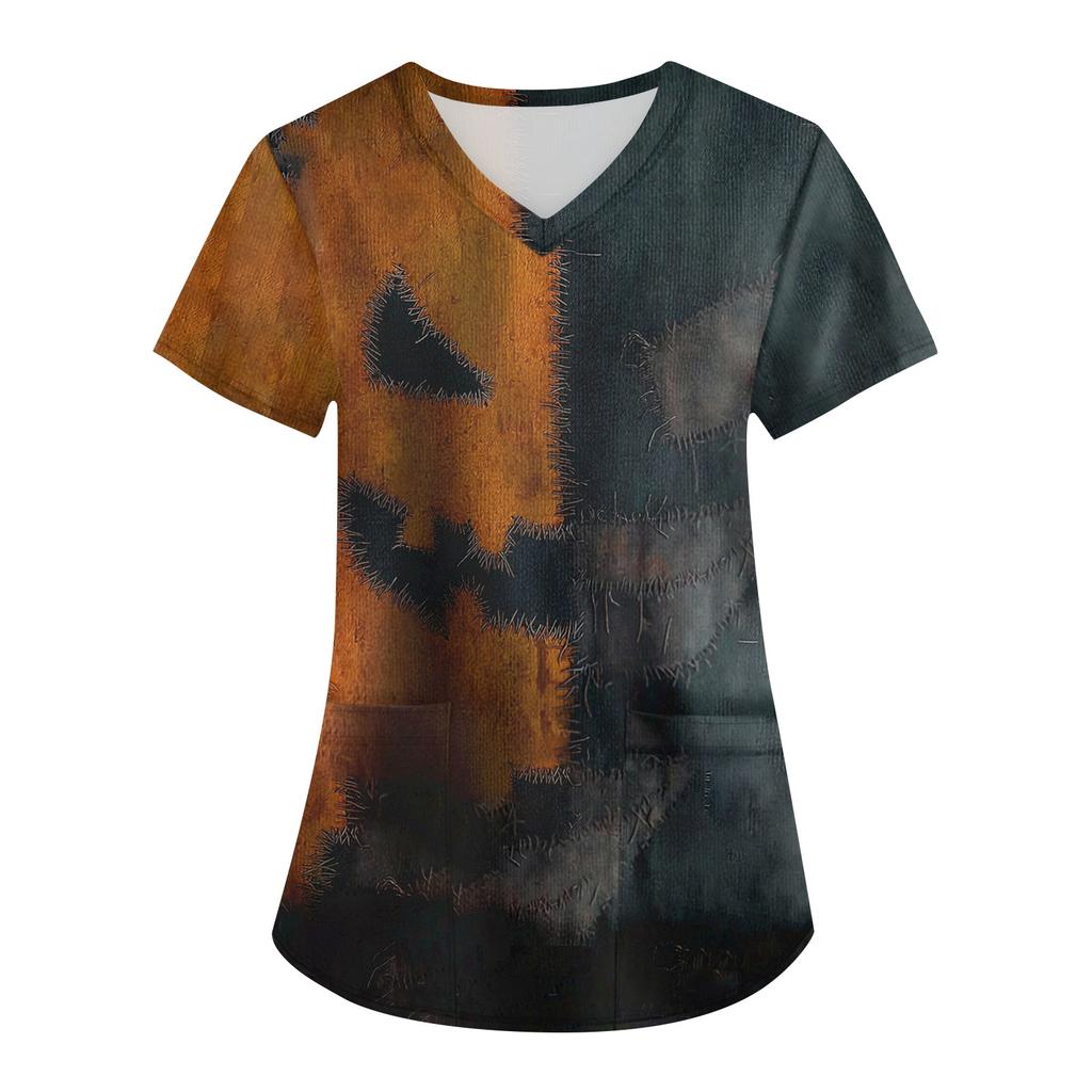Women's Printing Uniform Work Uniform V-neck Pockets Basic Short Sleeve Pullover Top