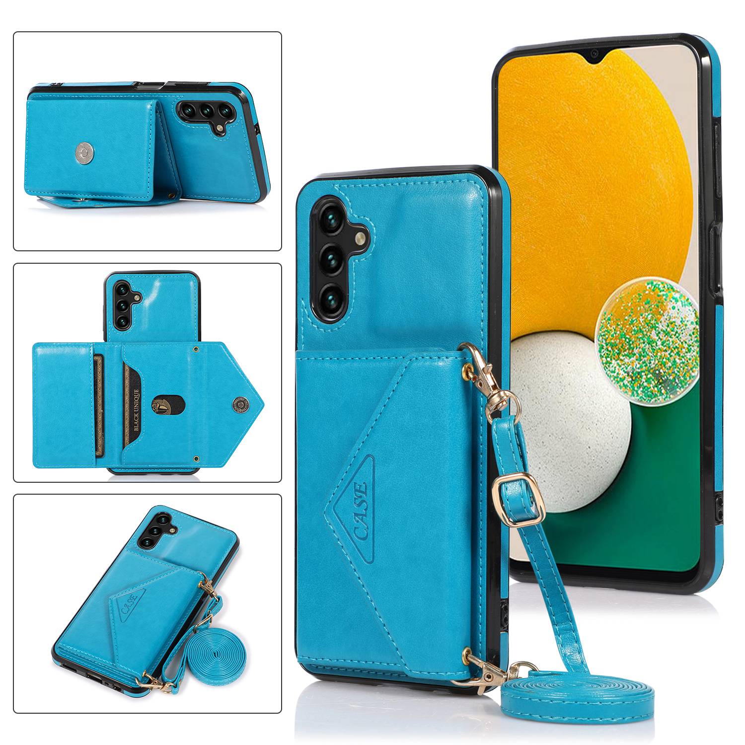 

For Samsung Galaxy A36 5G Cell Phone Case Triangle Lid Card Bag Leather+TPU Cover with Long Strap Blue