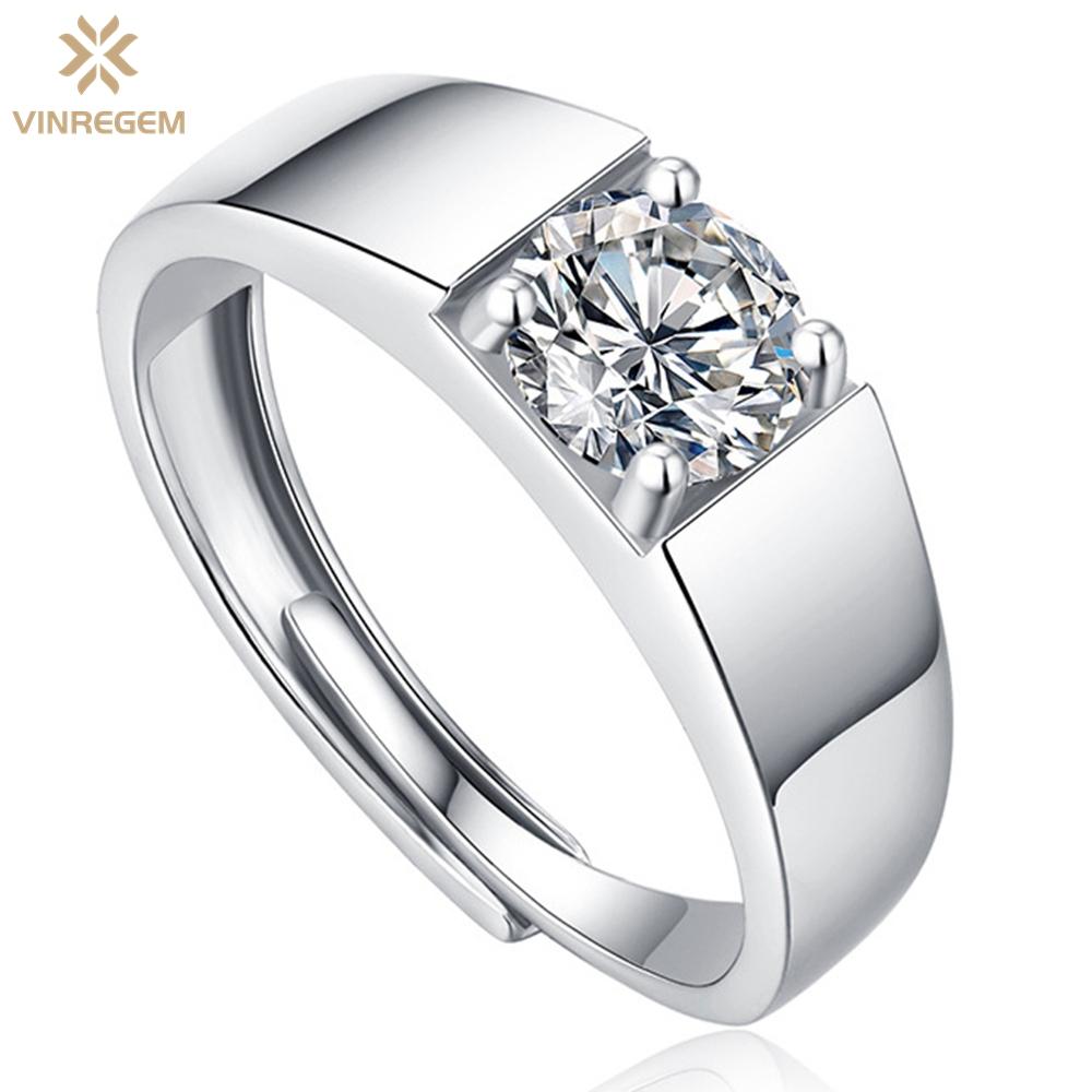 

Vinregem Простое стерлинговое серебро 925 пробы с бриллиантом VVS1 1 карат, настоящий муассанит, цветной драгоценный камень, регулируемое мужское кольцо, свадебное, помолвочное, ювелирные украшения Adjustable белый