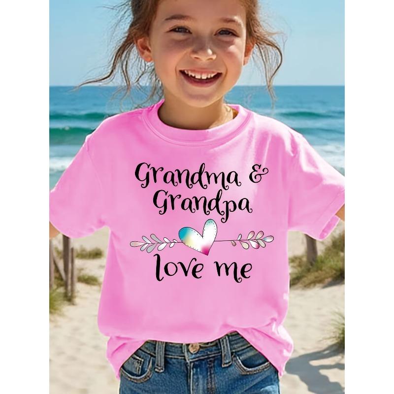 European sizes Summer Fashion Short-Sleeve Top for Girls with 'Grandma And Grandpa Love Me' Letter Print, Casual Style