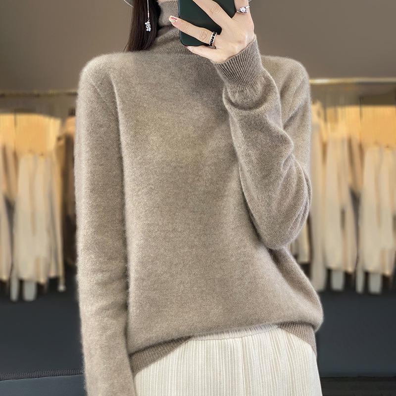 Women's Pure Wool High Neck Loose Pullover Sweater - Solid Color, Slimming, Long Sleeve - Autumn/Winter Collection
