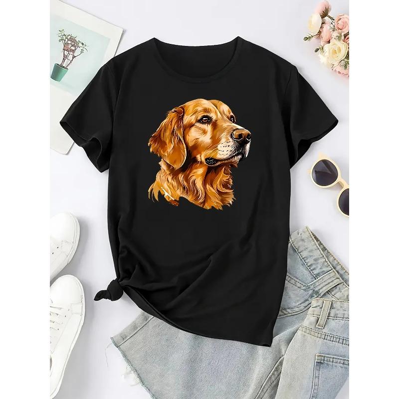 European Size Women's Casual Short Sleeve T-Shirt with Cute Golden Retriever Graphic Print - Soft Stretch Round Neck Tee