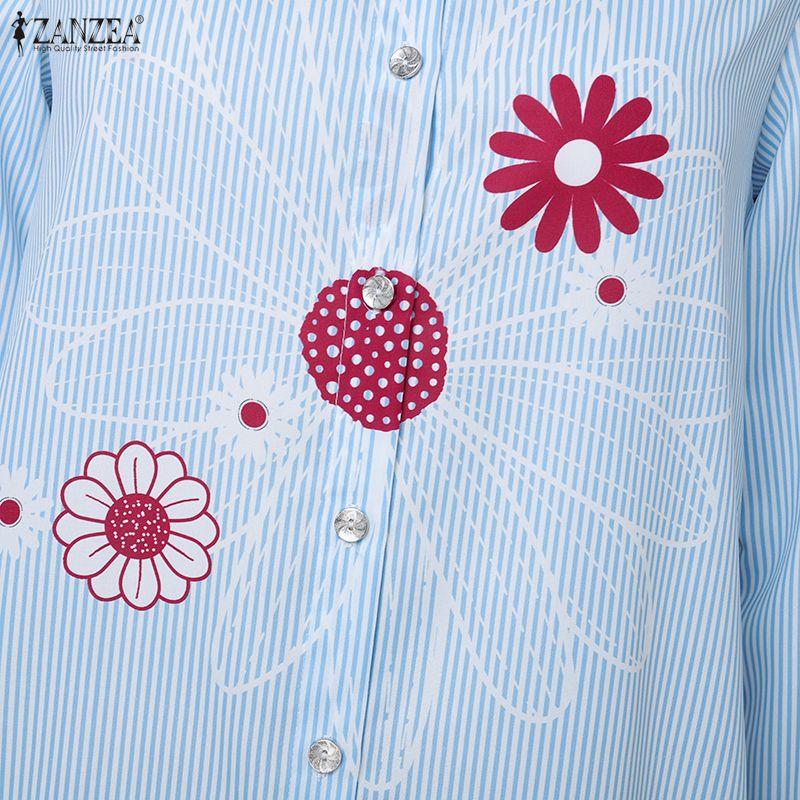 ZANZEA Women Floral Print Casual Turn Down Collar 3/4 Sleeve Stripe Shirt Dress
