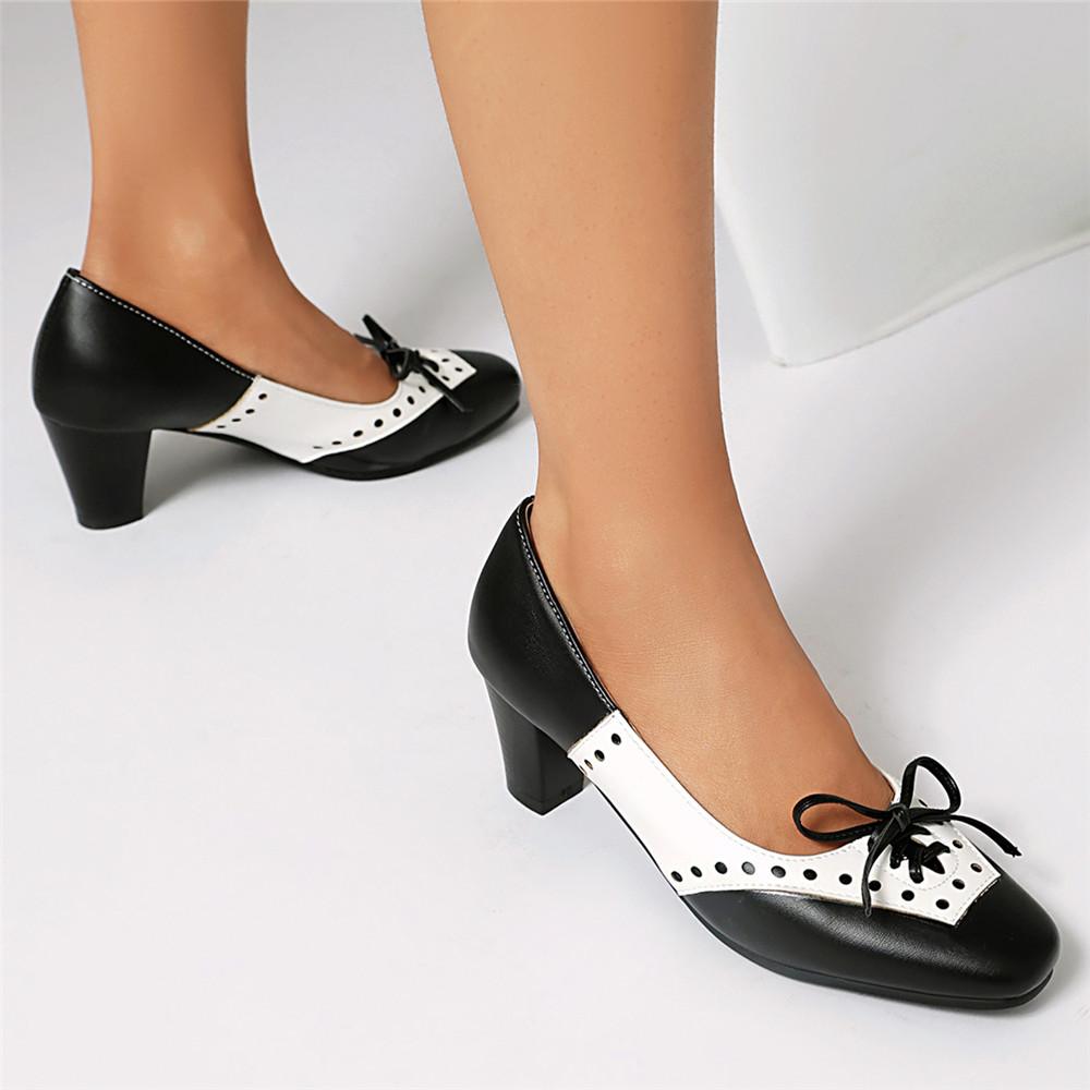 Fashion Spring New Design Sweet Women Pumps Square Toe Block Heels Bowknot Mixed Color Plus Size 35-43 Black Party Lady Shoes