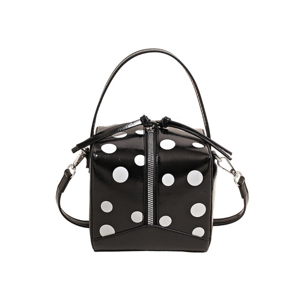 

Unique PU Polka Dot Handbag Zipper Closure Top Handle Box Shaped Shoulder Bag Small Square Adjustable Strap Bucket Bag Commute чёрный