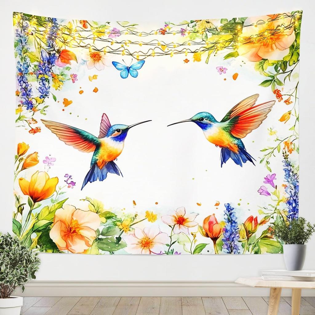 Watercolor Hummingbird Tapestry, Vibrant Wall Hanging with Colorful Hummingbirds & Cherry Blossoms on Purple Background