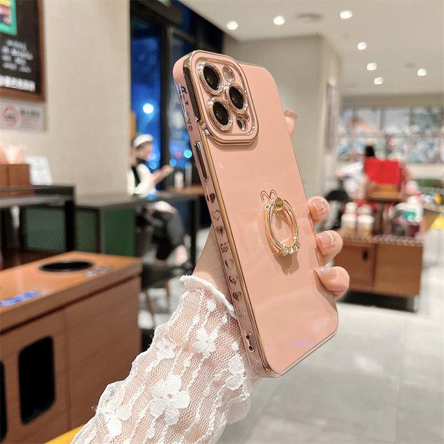 Soft Electroplated Side Love Heart Phone Case For Iphone 11 12 13 Pro Max Xs X Xr 7 8 Plus Ring Holder Camera Protective Cover