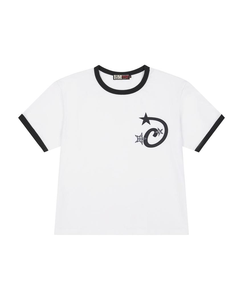 Lujeoseukeulleob Star Applique Crop Ringer T-Shirt White