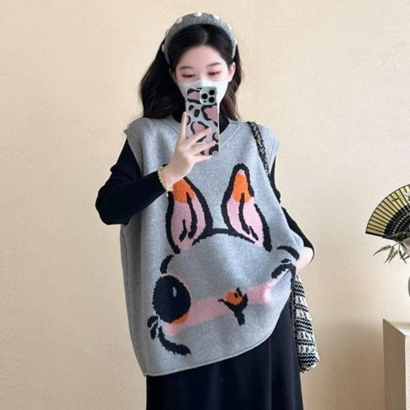 Damenweste mit Kaninchen-Jacquard, ärmellos, übergroß, Strickpullover mit Rundhalsausschnitt, locker, trendig, süßes Damen-Pulloveroberteil