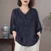 Women Summer New Navy Blue V Neck Floral Embroidery Three Quarter Sleeve Casual Blouse