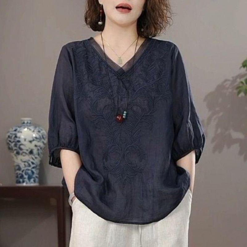 Women Summer New Navy Blue V Neck Floral Embroidery Three Quarter Sleeve Casual Blouse