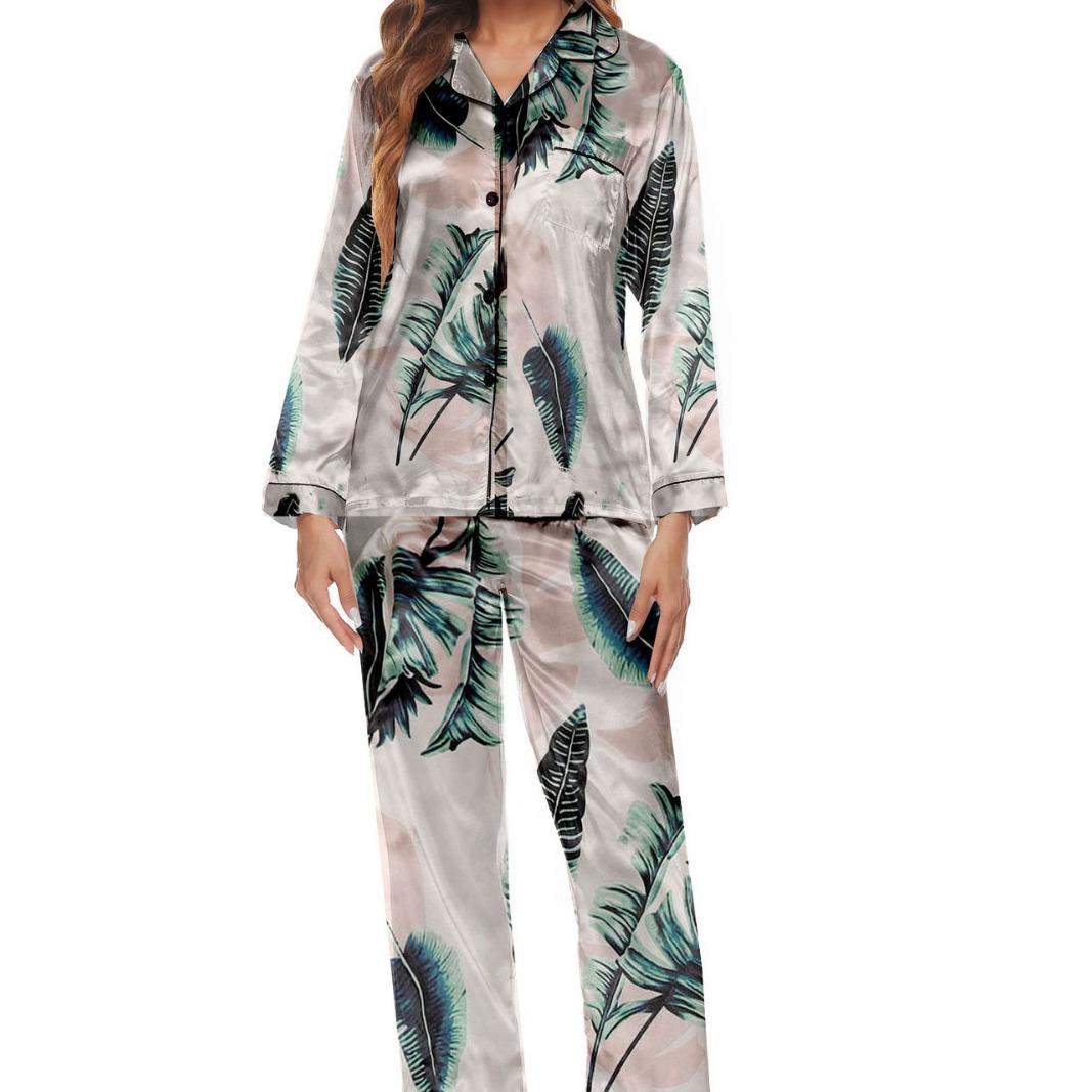 

Европейский и американский стиль, женская одежда для отдыха на весну и осень, комплект из 2 предметов, пижама с длинным рукавом, модная атласная домашняя одежда с принтом S белый