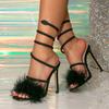 Sandali da Donna Sexy con Serpente Intrecciato intorno al Cristallo Moda Piume Pelose Punta Quadrata Strass Tacco Alto Scarpe da Festa per Ballo