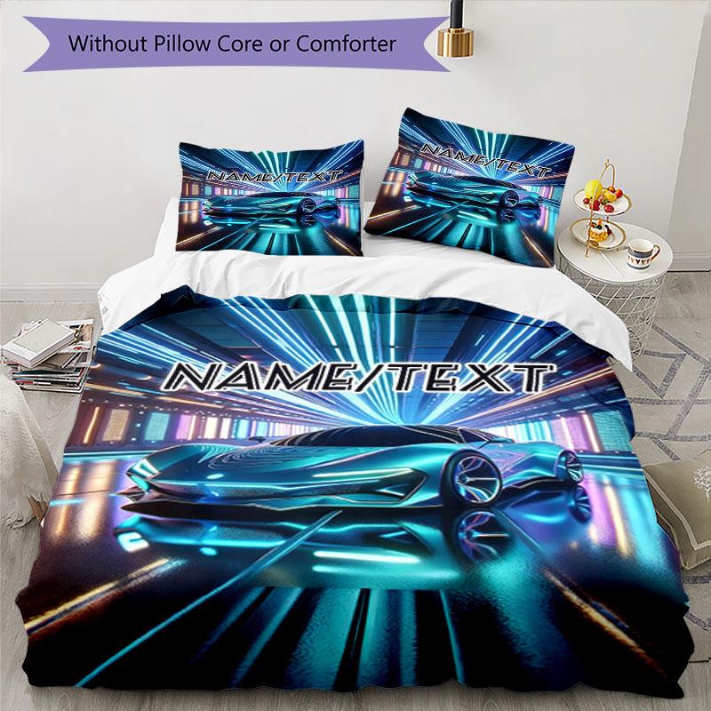 3PC Custom Name Futuristic Car Neon Lights Bedding Set Printed Bedding Set Duvet Cover Closure Includes 1 Duvet Cover & 20 Pillowcases for Bedroom