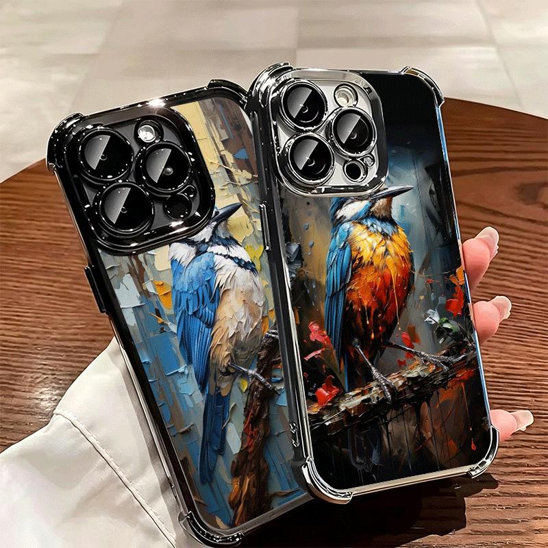 Bird Oil Painting Style Plating Phone Case For Iphone 16 17 Pro Max Air 16E 14 15 Plus 12 13 Mini Anti-Fall Airabag Cover