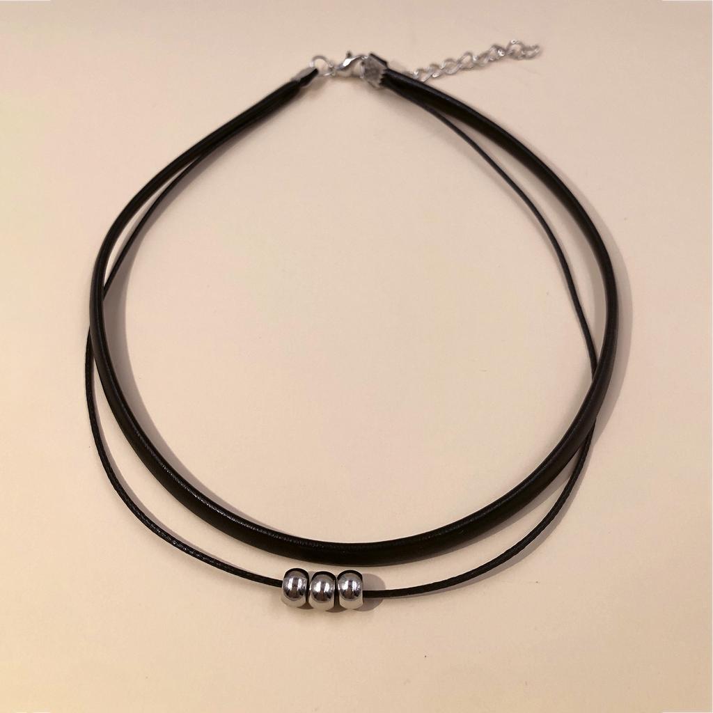 Personalized Minimalist Cortical Wax Rope Silver Beaded, Neck Chain, Double Necklace Collar