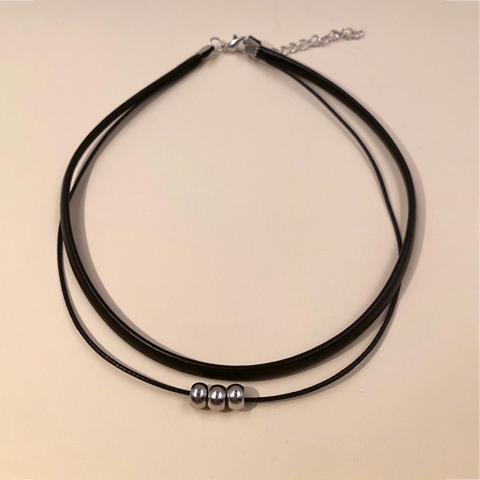 

Персонализированная минималистичная кортикальная восковая веревка с серебряными бусинами, цепочка на шею, двойной воротник-ожерелье чёрный