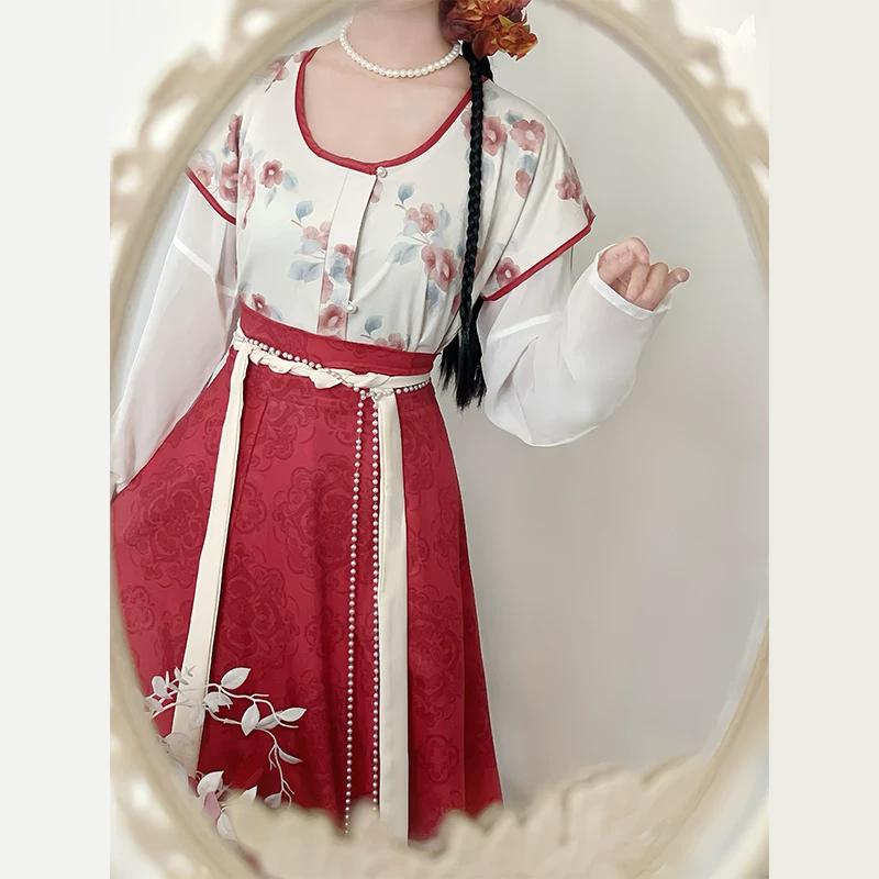 Chinese Tang Dynasty Style Hanfu for Women Printed Round Neck Top & Long Skirt Set Traditional Hanfu Costume