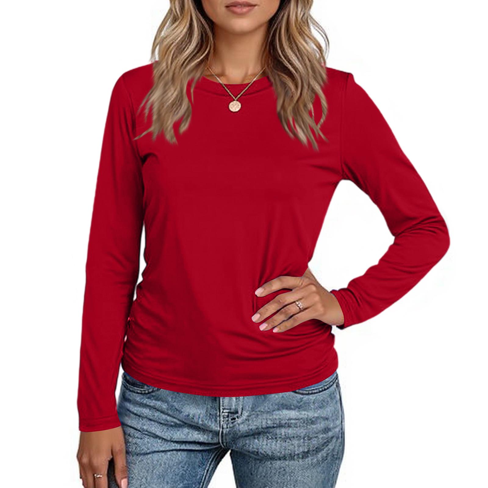 

Women s Fashionable Casual Long-sleeved Round Neck Solid Color T-shirt Top L червоний