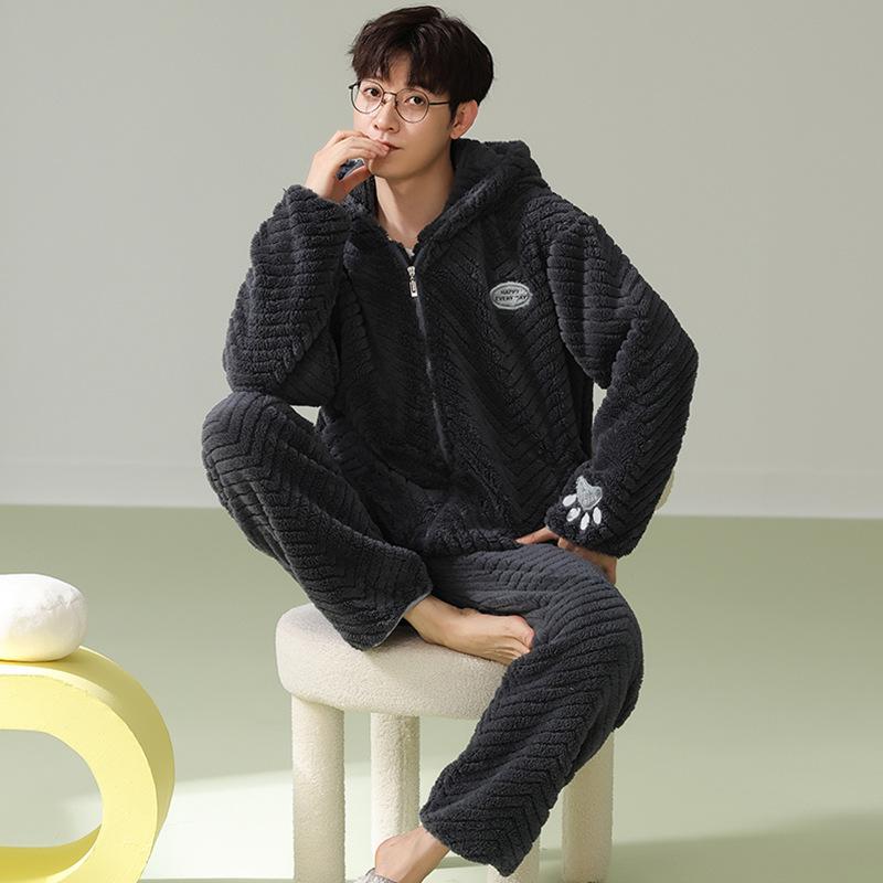 

Мужской зимний фланелевый утепленный флисовый комплект домашней одежды в Корейском стиле с капюшоном, осенне-зимняя пижама из кораллового флиса XL