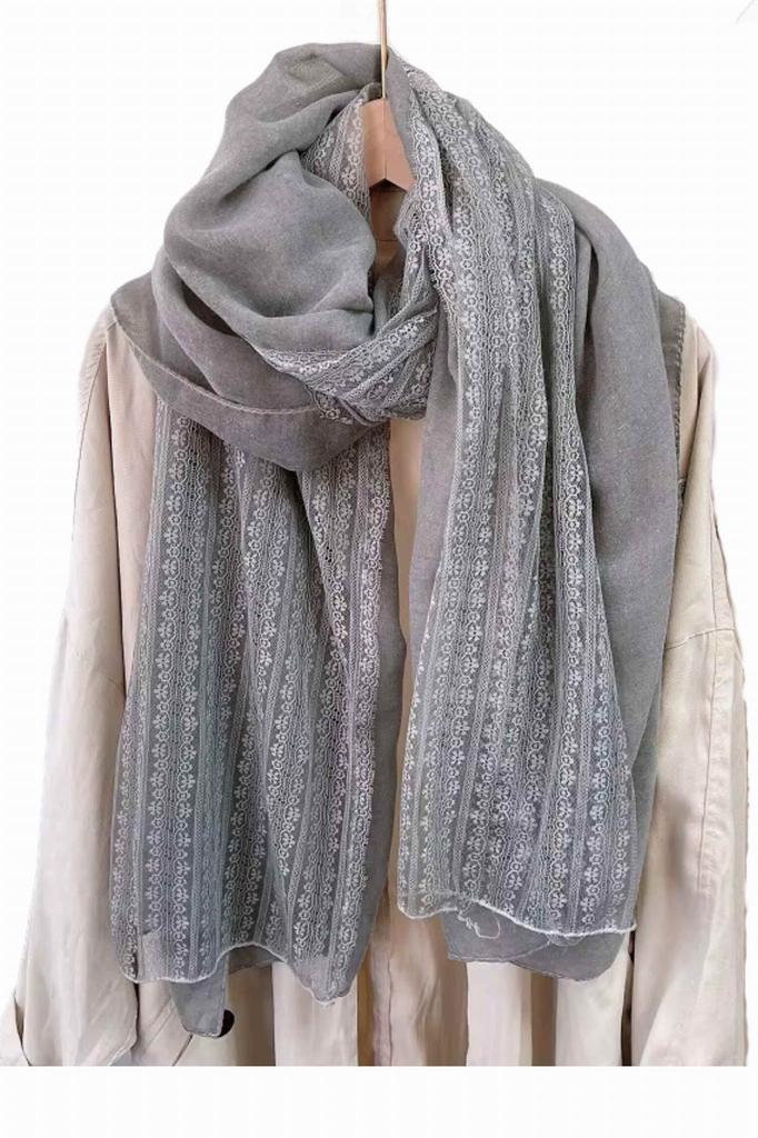 Gray Shawl with Lace 180X90 - Cotton with Polyester