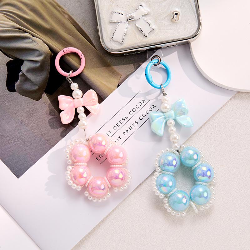 Pearl Bow Phone Lanyard with Sweet French Style Bag Keychain and Round Clasp