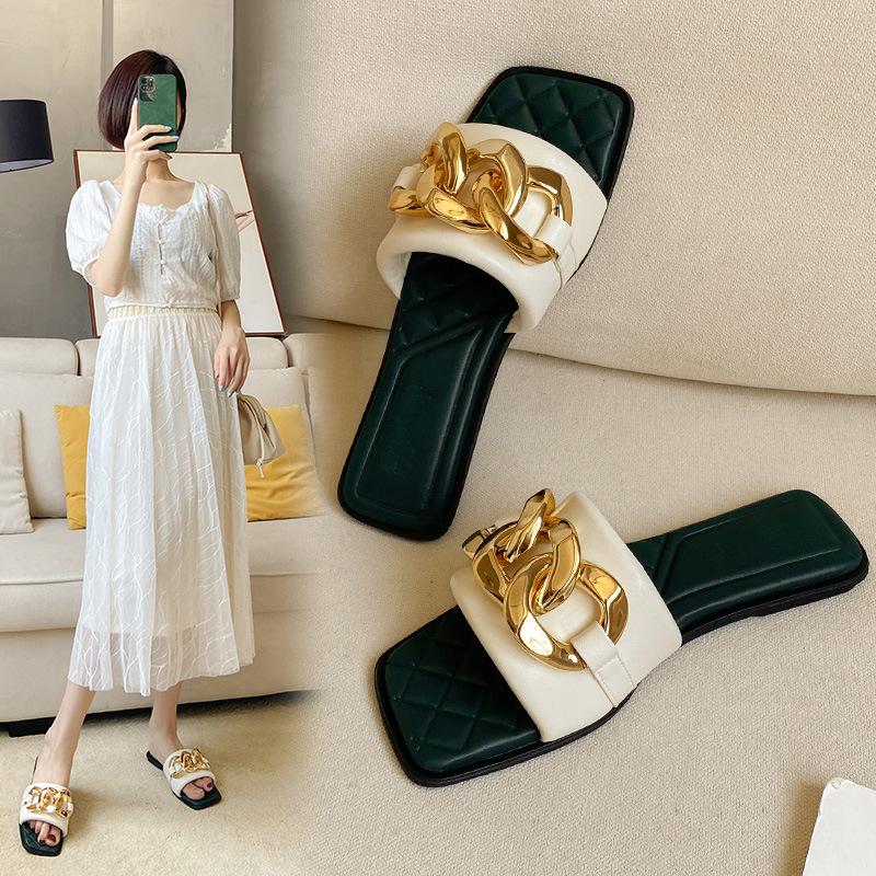 Genuine leather slippers female 2025 new summer fairy one-word slippers female summer wear fashion beach shoes trend