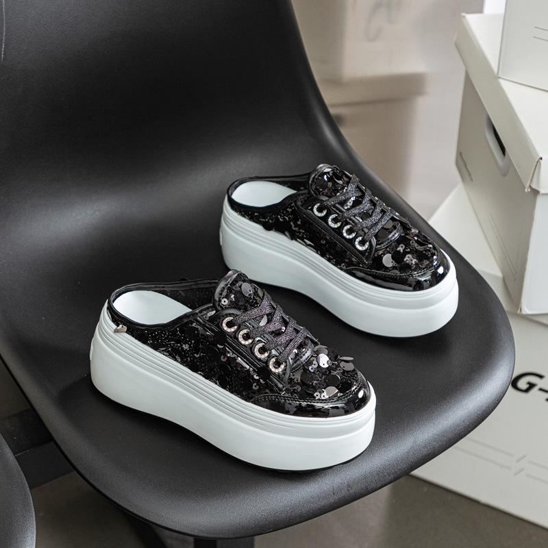 Baotou half slippers women's 2025 new summer thick-soled sequins mesh without heel outer wear slippers to increase height and show thinness women