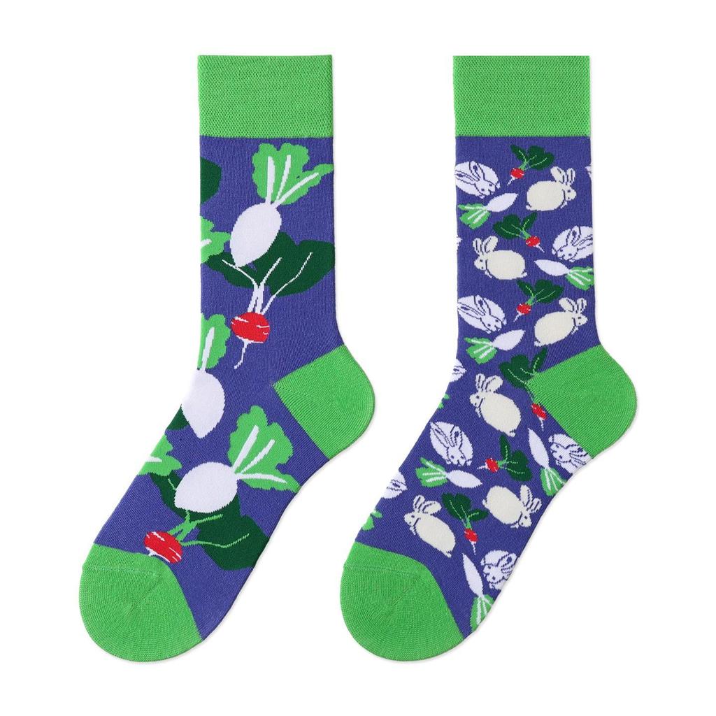 Unisex A/B Style Asymmetrical Cartoon Mid-Calf Cotton Socks