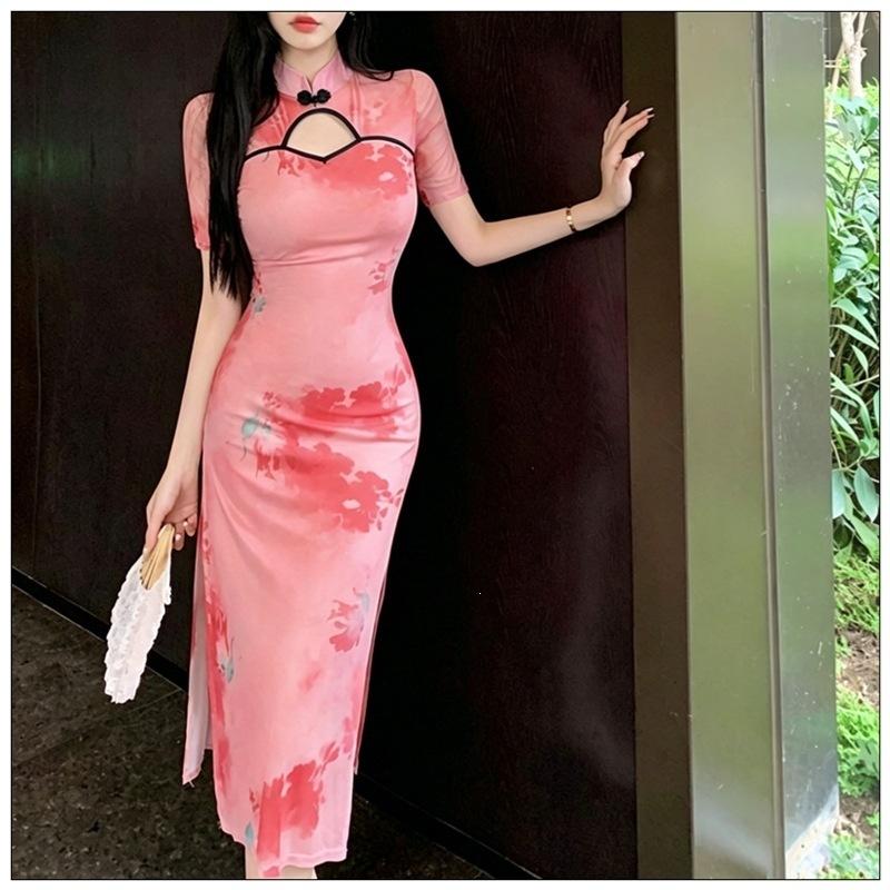 Sexy Pure Desire Style Improved Version of Cheongsam Printing Hollow Button Dress High-end Women's Summer Waist Slit Dress
