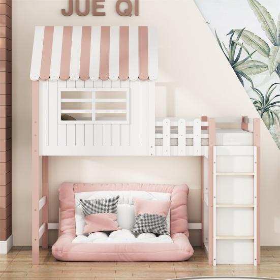 Flat Bed Children 90x200cm High And Low for Boys Girls Home Roof Shape Family with Safety Ladder Storage Compartment Multifunctional Solid Wood