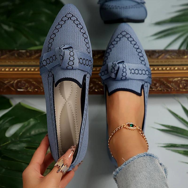 Fashion Rimocy Women Flats 2025 New Knitted Mesh Breathable Loafers Soft Comfort Pointed Toe Casual Shoes Trend Bow Decor Woman Shoes