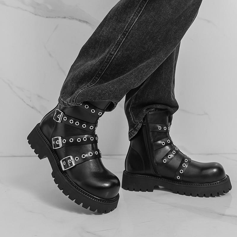 Mens Chunky Sole Chelsea Boots With Side Zipper Round Toe Mid-Heel Ankle Winter Casual Wear