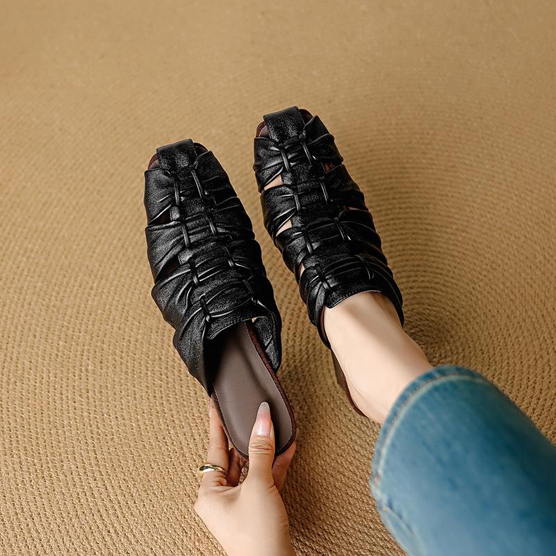 Fashion 2025 Summer New Genuine Leather Retro Semi-drag Mueller Slippers Woman Women's High Heel Square Toe Casual Shoes Women Slippers
