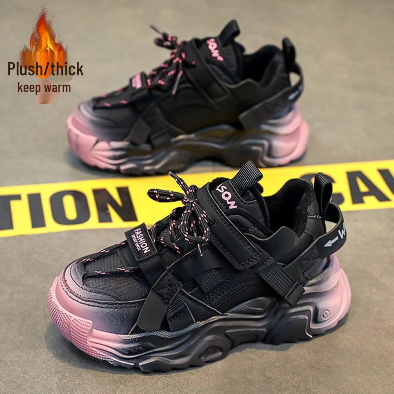 Girls' 2024 Winter Black Velvet Sports Shoes - Soft Sole Cotton Dad Style