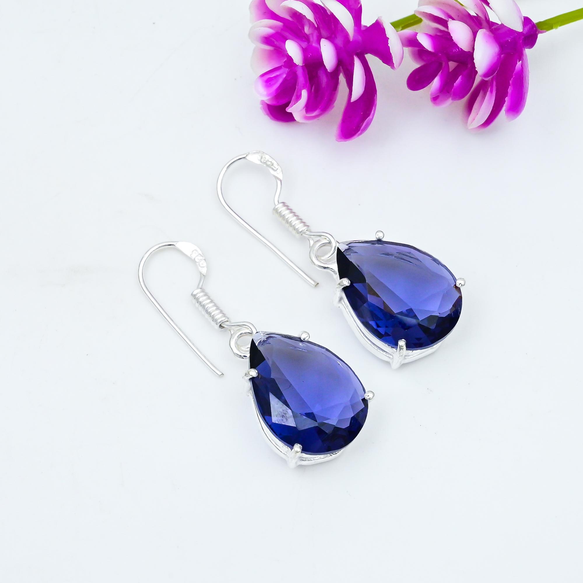 

Серьги с иолитом, 925 пробы, сплошные серебряные серьги, ювелирные изделия ручной работы с драгоценными камнями, подарки для жены, абсолютно новые серьги 1.53 Inches синий