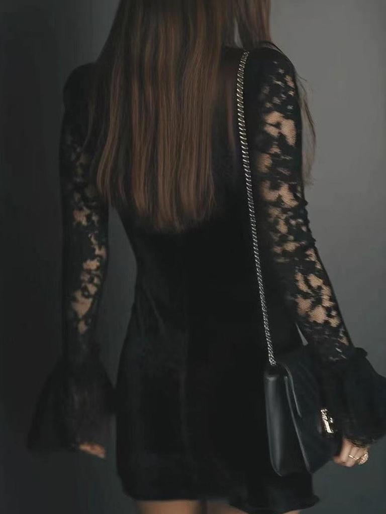 Elegant Mesh Lace Deep V Long Sleeve Dress for Women
