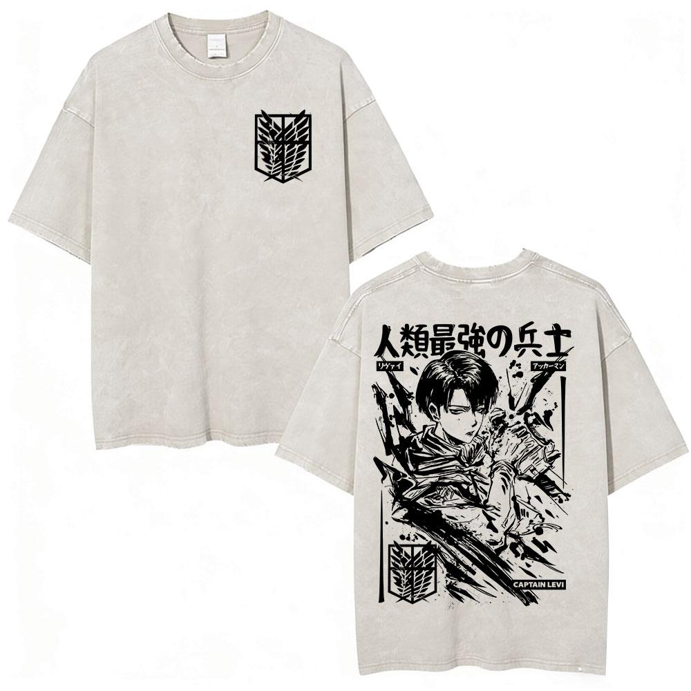 Vintage Washed Anime Attack on Titan T-shirt Mikasa Ackerman Eren Jaeger Wings of Freedom Manga T-shirts Fashion Cotton T Shirts