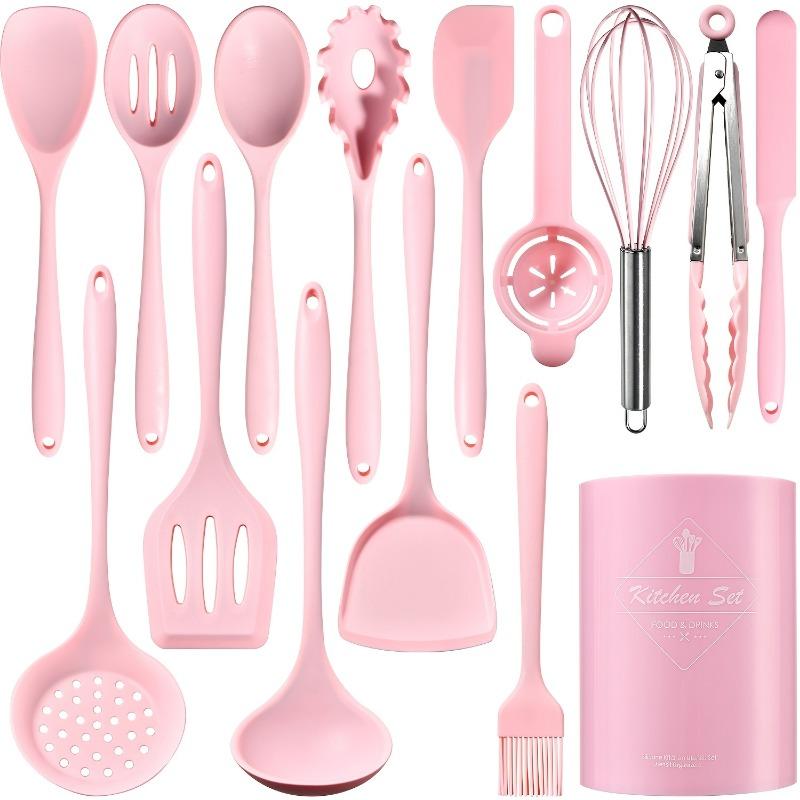 15pcs Silicone Kitchen Tools Set Non Stick High Temp Resistant Food Grade Utensils Spatulas Spoons Colander Storage Bucket