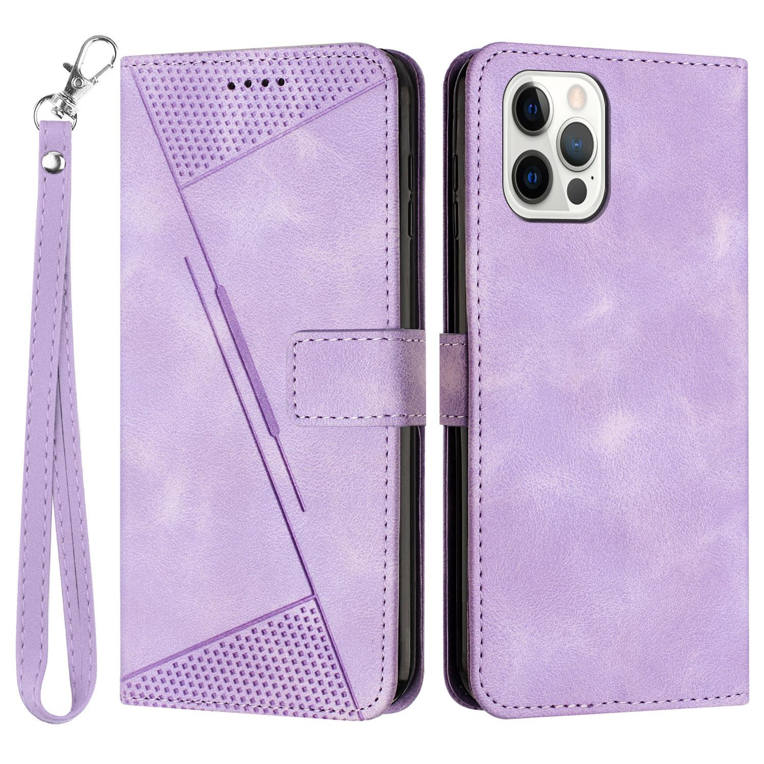 

For iPhone 12/iPhone 12 Pro 6.1 inch PU Leather Stand Phone Case Triangle Imprinted Wallet Cover with Strap Purple