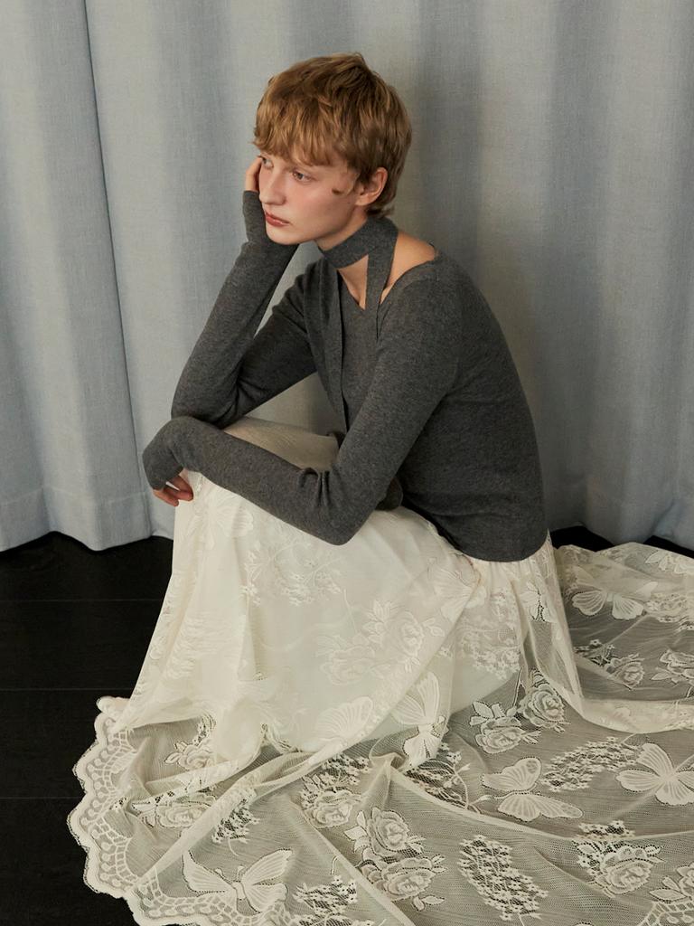 OUEL Asymmetry Neckline Wool Slim Knit_Dark Gray