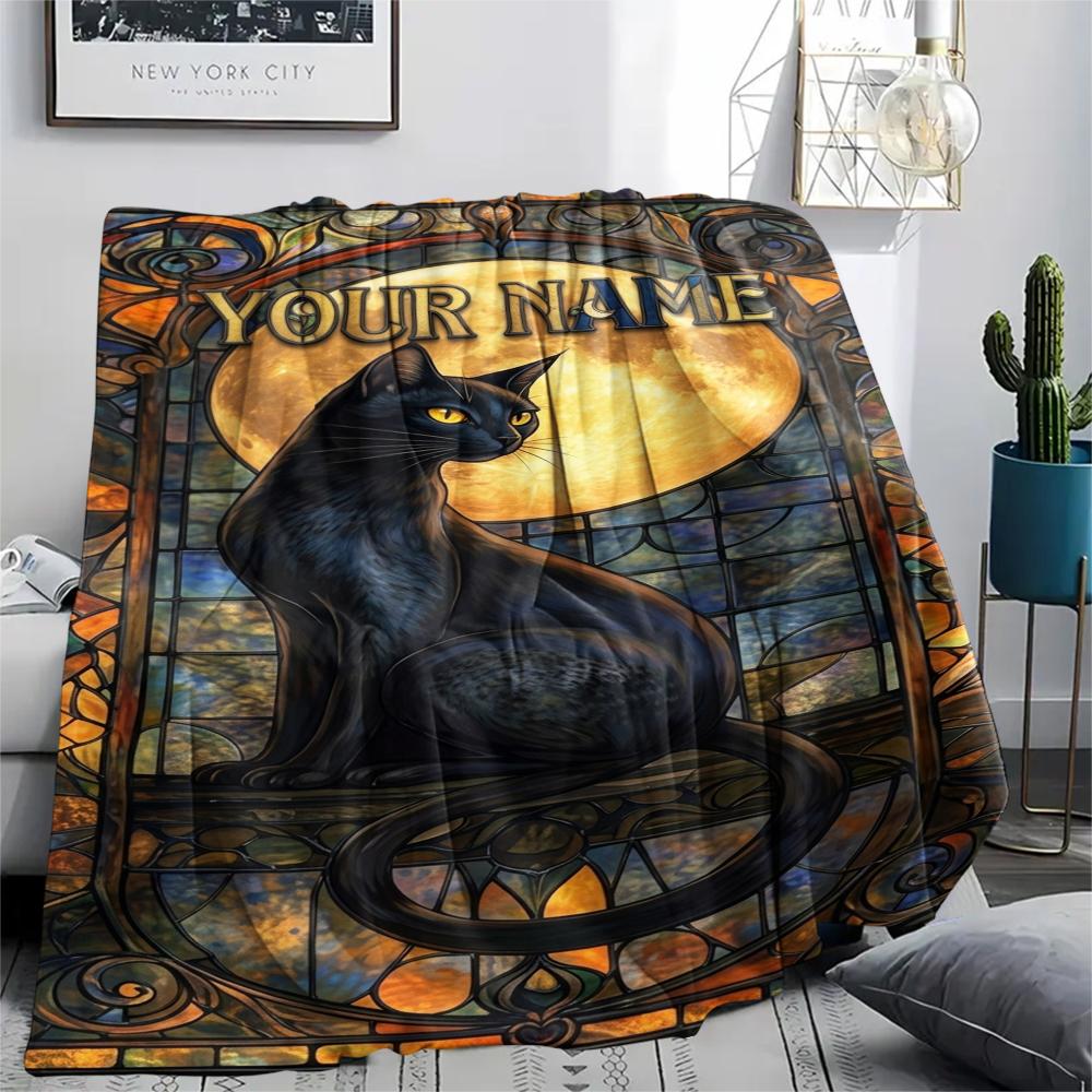1PC Custom Name Black Cat Majesty Patterned Flannel Blanket Suitable For All Seasons for Home Decor Warmth and Comfort Gifts Holiday Present_lx