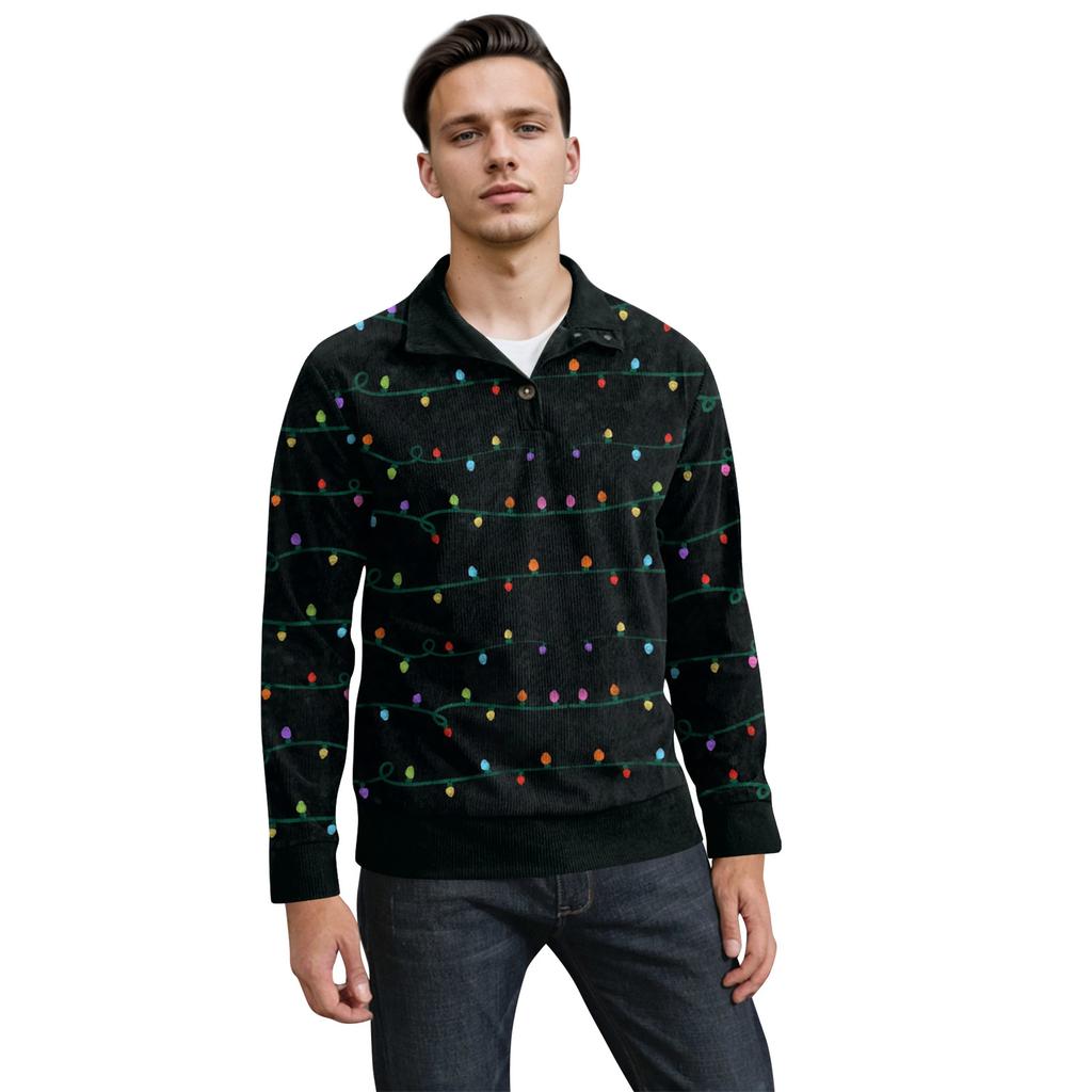 Men's Christmas Cotton Pullover Long Sleeve Outdoor Shirt Vintage Corduroy Button Stand Collar Shirt Casual Sweatshirt Christmas Print Top