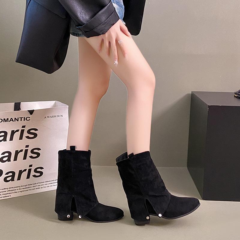 

Ботильоны на толстом каблуке, с острым носком, в стиле вестерн, ковбойские, короткие, женская обувь, осенне-зимние, замшевые, для ношения с юбкой или брюками, ботинки-скинни 40 чёрный