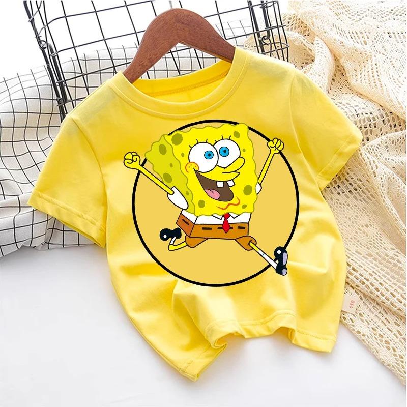 SpongeBob TShirt for Kids Cartoon Design Round Neck for Boys and Girls Cotton Casual Streetwear Short Sleeve Kids Tops