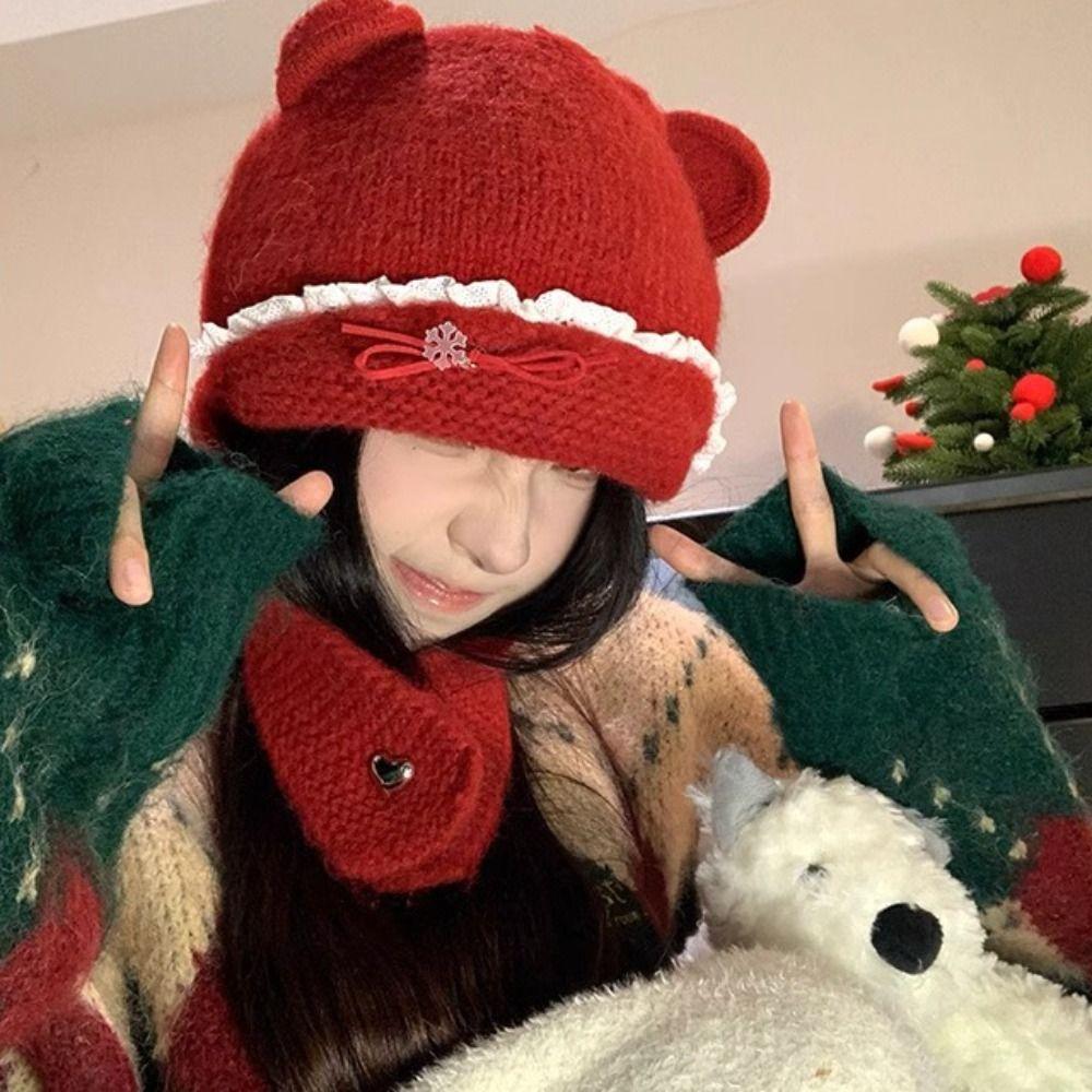 Sweet Neck Collar Beanies Cap Woolen Pullover Cap Cute Bear Ear Knitted Hat Outdoor