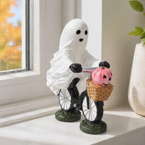 Hand Painted Resin Ghost Decor Halloween Riding Bicycle Figurine, Spooky Desk Shelf for Durable Window Display Home Entryway, Hand-Painted Creepy Cute
