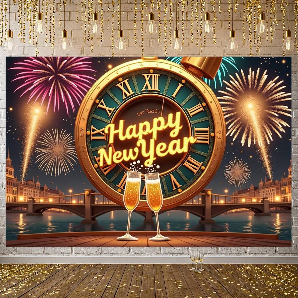 Event Banner Classic Clock Banner New Year Banner City Night View New Year Decoration For New Year Photoshoot Indoor