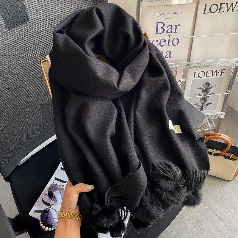 Solid Color Hairball Knitted Imitation Cashmere Scarf Female Winter Warm Student Cute Versatile Soft Girl Shawl