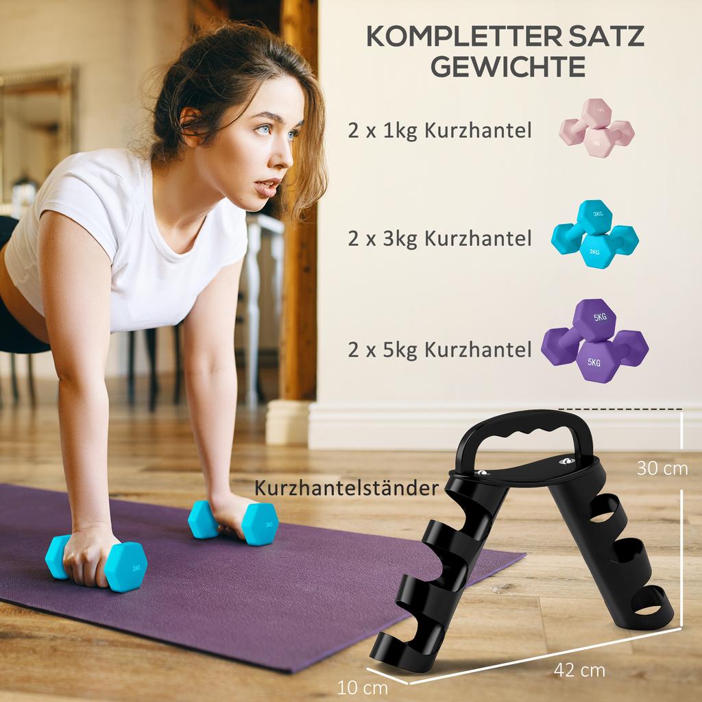 Dumbbells Set with Storage Rack, 2 X 1kg, 2 X 3kg, 2 X 5kg, Pink